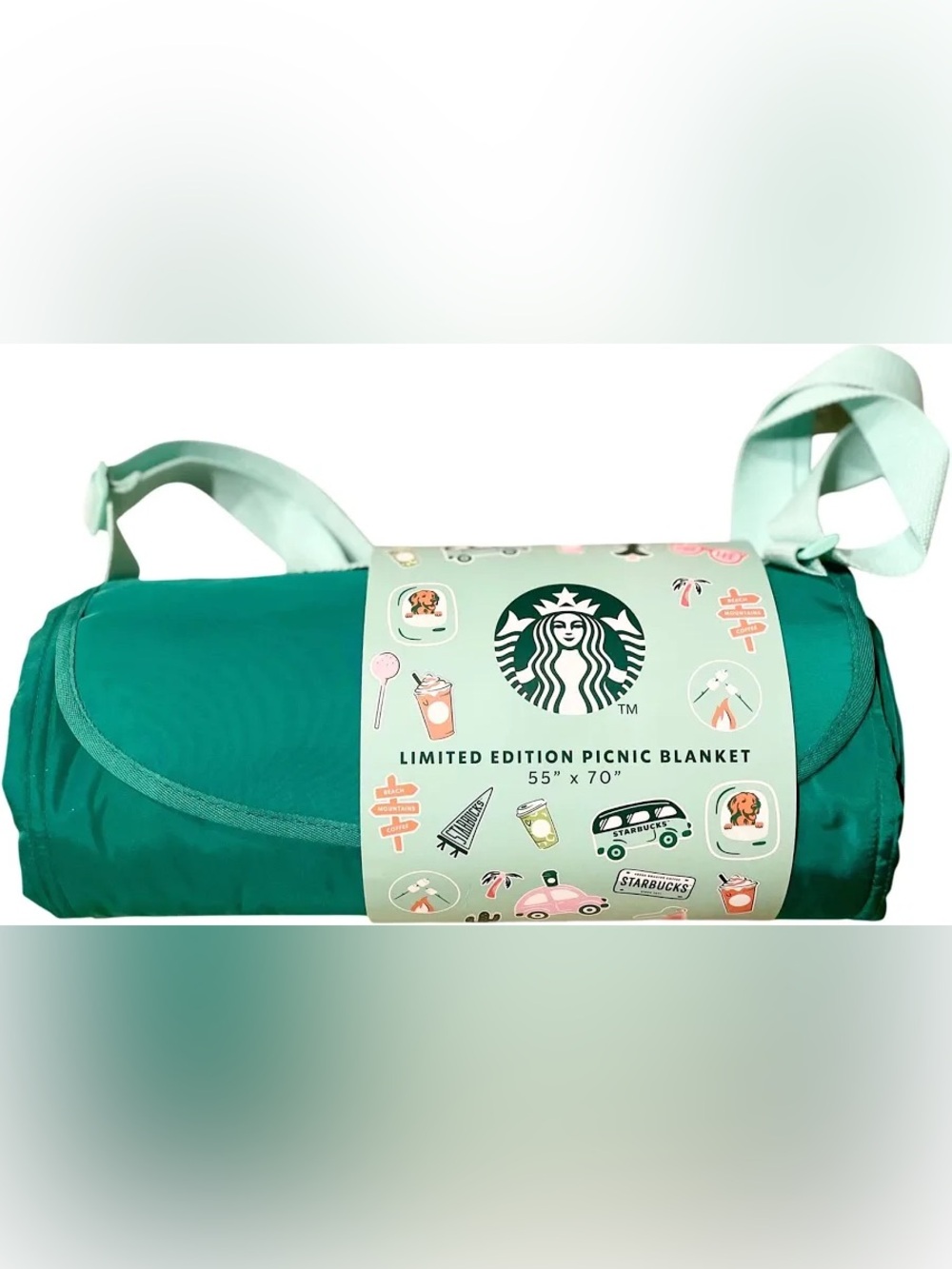 Starbucks Green Roll-Up Picnic Blanket with Mint Strap